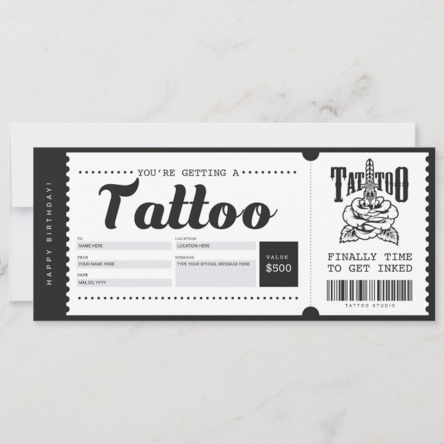 Tarjeta de regalo de tatuaje Boleto Vale Certifica (Anverso)