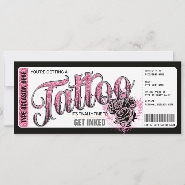 Tarjeta de regalo de tatuaje vale de tinta rosa (Anverso)