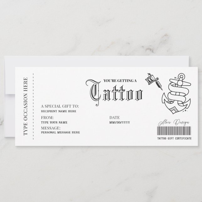 Tarjeta de regalo de vale para tatuaje simple (Anverso)