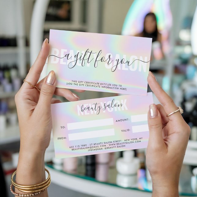 Tarjeta de regalo del salón holográfico moderno de (Holographic modern pastel rainbow salon gift card)