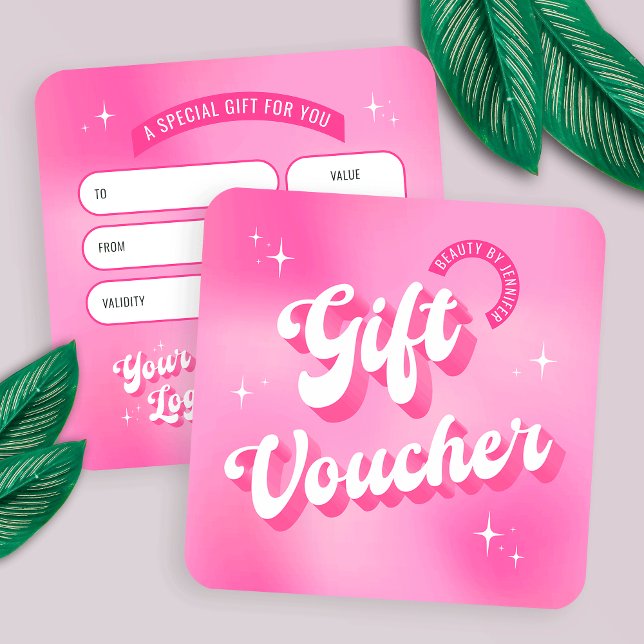 Tarjeta de regalo del spa de belleza con neón colo (Trendy girly pink gift card with groovy fonts and space for your logo)
