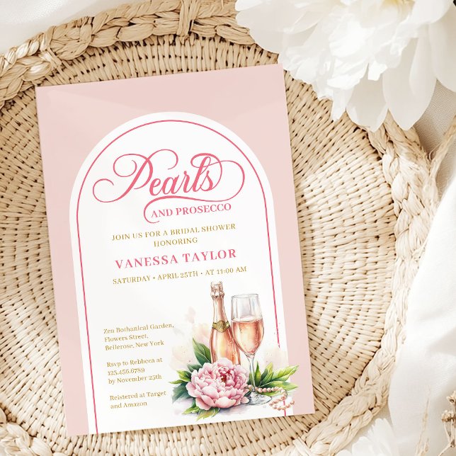 Tarjeta de Regalo para Ducha de Perlas y Prosecco  (Modern Blush Gold Pearls and Prosecco Shower Card)