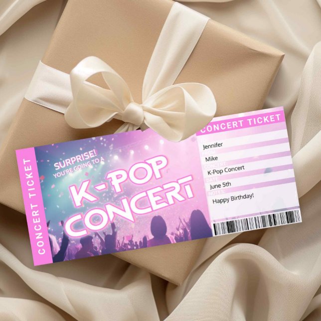 Tarjeta de regalo para fans de entradas para conci (Surprise K-Pop Concert Ticket Printable)