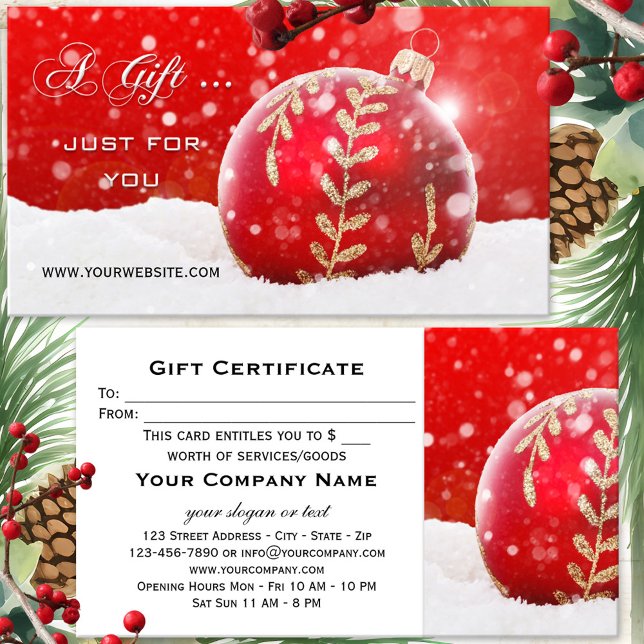 Tarjeta de regalo para los Navidades de nieve de R (A festive gift certificate featuring a red Christmas bauble with sparkling snow)