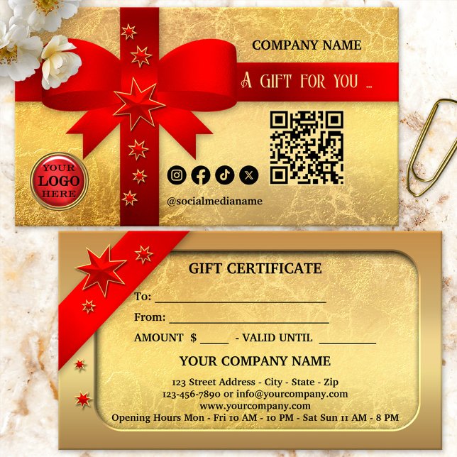 Tarjeta de regalo para Navidades de cinta roja de  (A festive Christmas Holiday gift certificate featuring a red ribbon on a gold veined background)