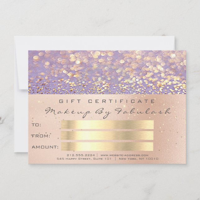 Tarjeta de regalo Rosa Gold Confetti Purple Makeup (Anverso)