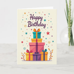 Tarjeta de regalos apilados de cumpleaños alegre