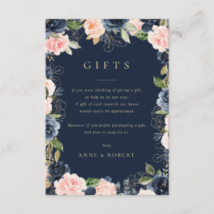 tarjeta de regalos de boda floral rosa y azul mari