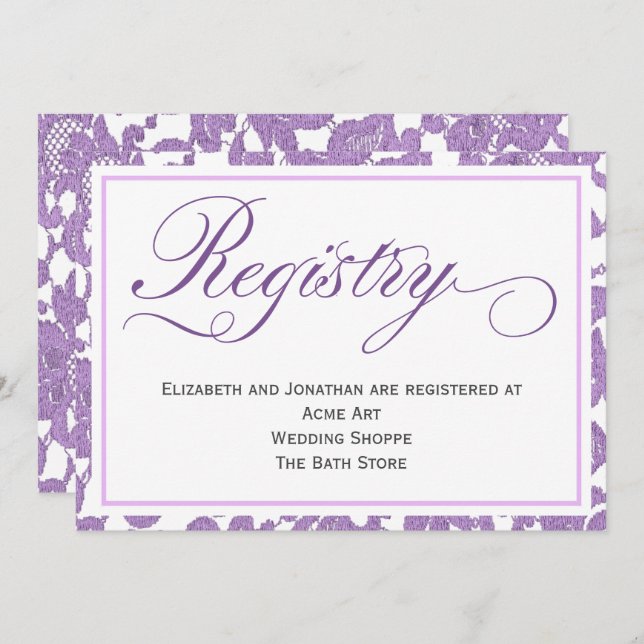 Tarjeta de registro de boda de encaje de lavanda (Anverso / Reverso)