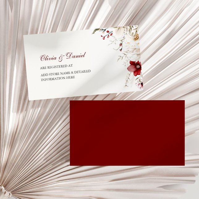 Tarjeta de registro de elegancia de invierno de Bo (Burgundy Winter Elegance Registry Card on a sunny dry palm leaf.)
