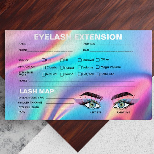 Tarjeta de registro de latigazos estético holográf (Holographic Aesthetician Lash Record Card)