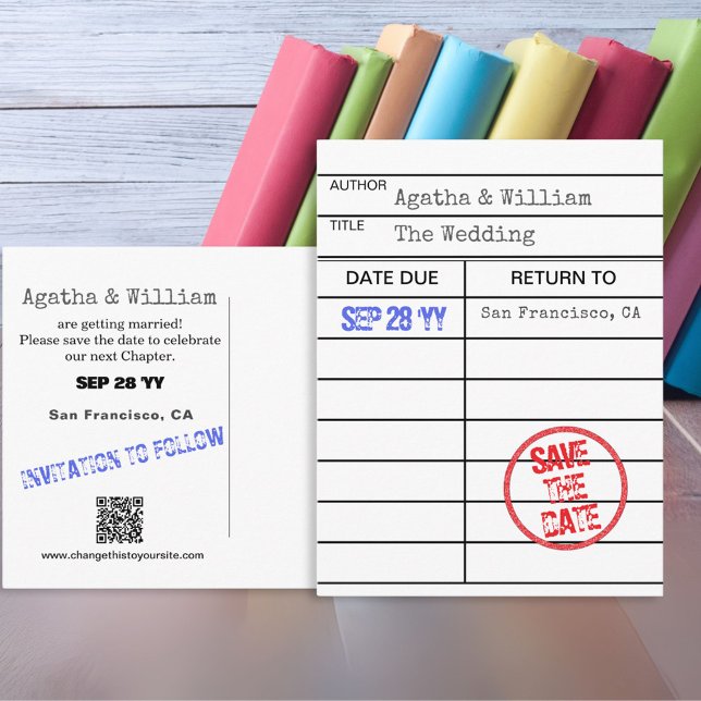 Tarjeta de registro de salida de libro de bibliote (Library Book Checkout Card Wedding Save the Date Postcard)