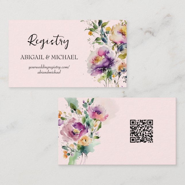 Tarjeta de registro floral acuarela con código QR (Anverso / Reverso)