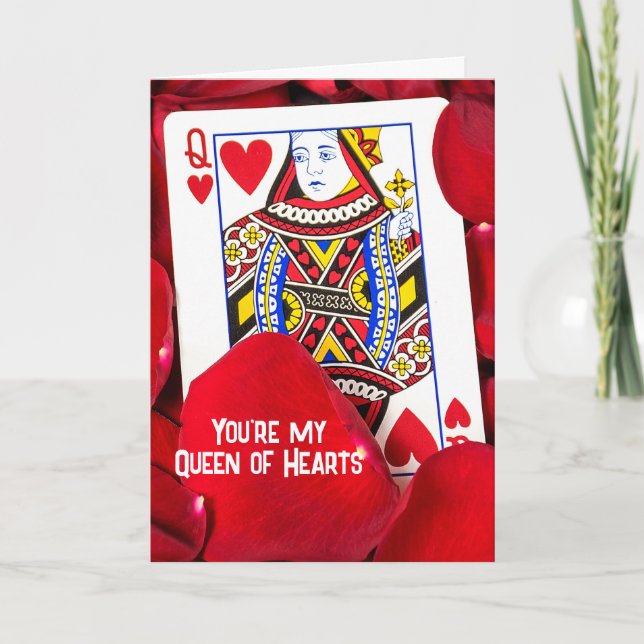 Tarjeta de Reina de Corazones en Petales Rosas (Anverso)