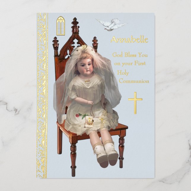 Tarjeta de Relieve metalizado Antique Doll First C (Anverso)