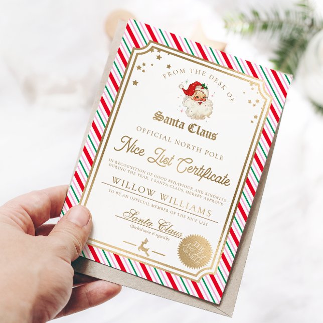 Tarjeta de Relieve metalizado de certificado de li (The Nice List Approved Certificate Festive Strip Zazzle)