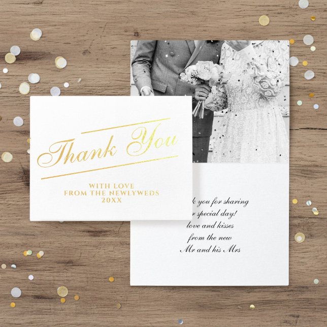 Tarjeta de Relieve metalizado de fotos de Boda con (Add your photo and short thank you message to these real foil thank you cards)