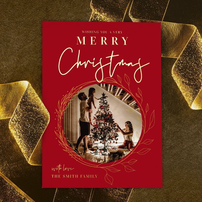 Tarjeta de Relieve metalizado de la flauta de navi (Red and gold foil big photo Christmas holiday card with elegant wreath photo frame effect)