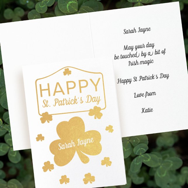 Tarjeta de Relieve metalizado de verdad de Shamroc (Happy St Patrick's Day! Send some luck o' the Irish with this real foil card!)