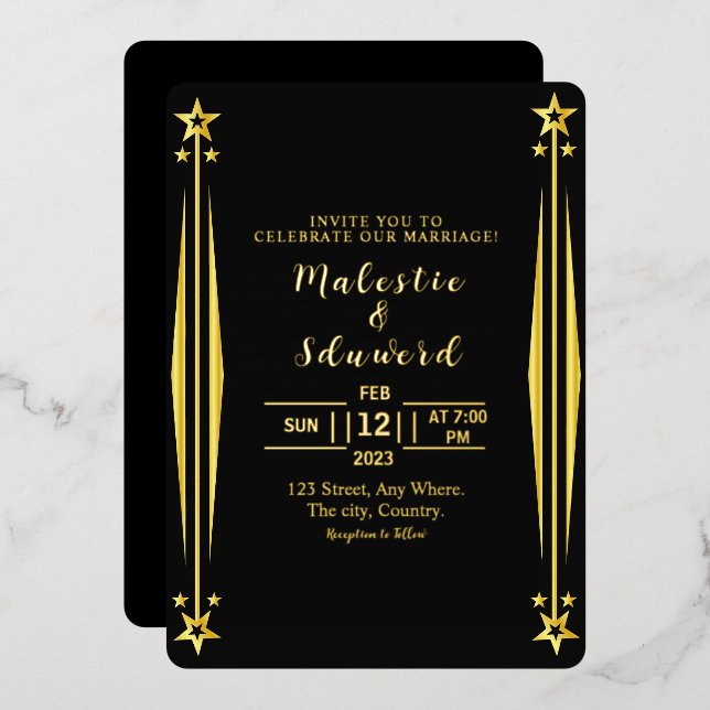 Tarjeta de Relieve metalizado dorado de invitación (Anverso/Reverso)