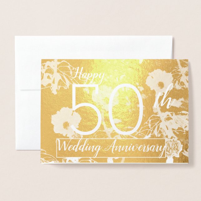 Tarjeta de Relieve metalizado dorado "Feliz 50 ani (Anverso con sobre)