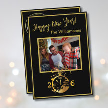 Tarjeta de reloj de 4 fotos de Feliz Año Nuevo
