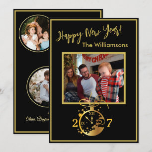 Tarjeta de reloj de 4 fotos de Feliz Año Nuevo