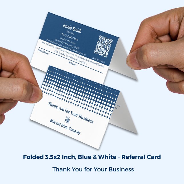 Tarjeta de remisión Blue White Folded Combined (Blue White Folded Combined Thank You Referral Card; Size: 3.5x2 Inch)