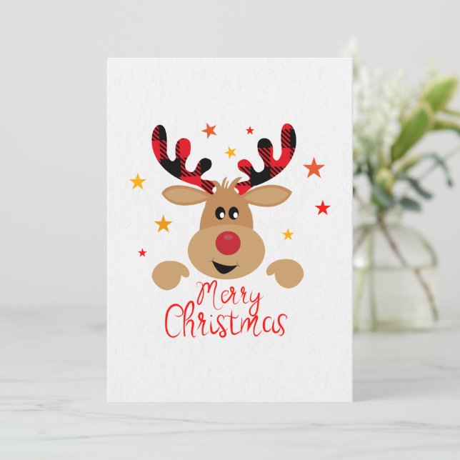 Tarjeta de reno navideño de Feliz Navidad (Anverso de pie)