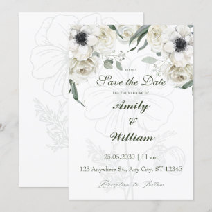 Tarjeta de Reserva de Fecha   Flores Blancas Elega