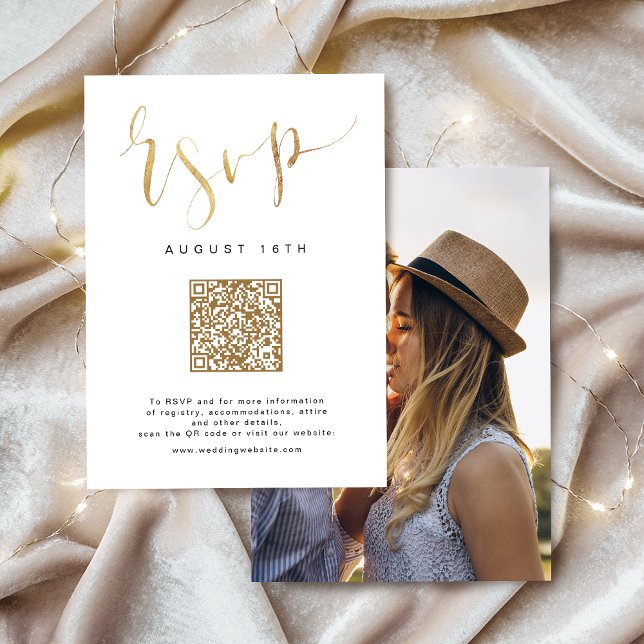 Tarjeta de respuesta (Gold Modern Simple Script wedding QR code RSVP Card)