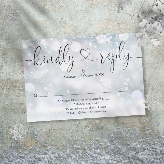Tarjeta de respuesta amable con copo de nieve de i (Winter Snowflakes Script Heart Kindly Reply RSVP Card)