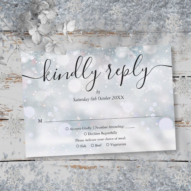 Tarjeta de respuesta amable de copos de nieve de i (Winter Snowflakes Script Kindly Reply RSVP Card)