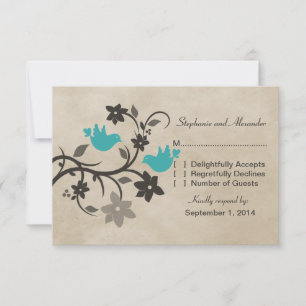 Tarjeta de respuesta Aqua Floral Lovebirds