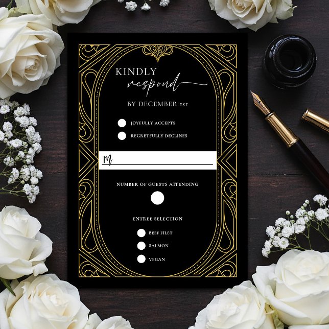 Tarjeta de respuesta Art Déco dorada de imitación  (Elegant Black Faux Gold Art Deco RSVP Response Card)