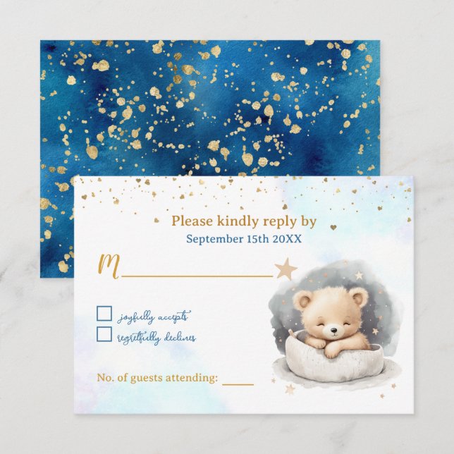Tarjeta de respuesta Baby Shower Sleepy Teddy Bear (Anverso / Reverso)