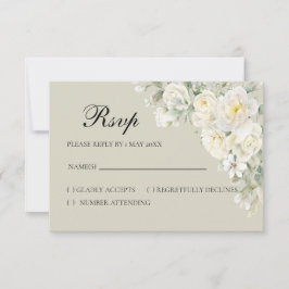 Tarjeta de respuesta beige de rosas blancas RSVP