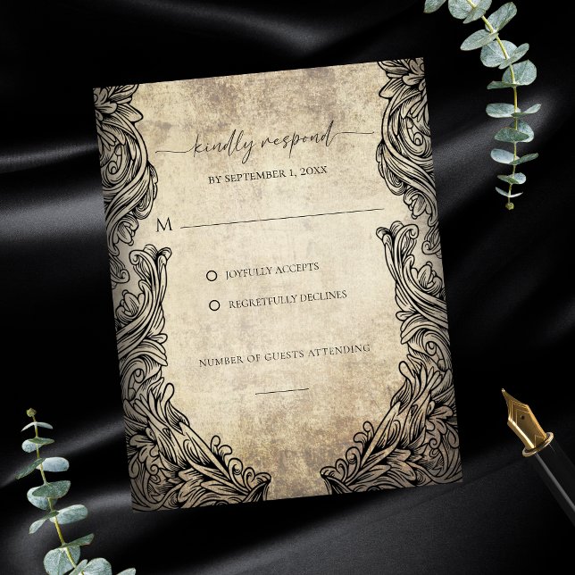 Tarjeta de respuesta beige rústica con trabajo de  (Vintage Scrollwork Rustic Beige Response Card)