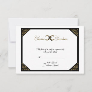 Tarjeta de respuesta Black and Gold Damask Sweet 1