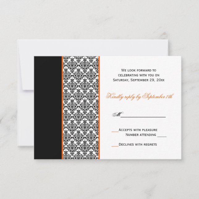 Tarjeta de respuesta Black White Orange Damask (Anverso)