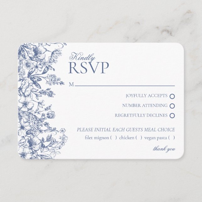 Tarjeta de respuesta Blue Chinoiserie Floral RSVP (Anverso)