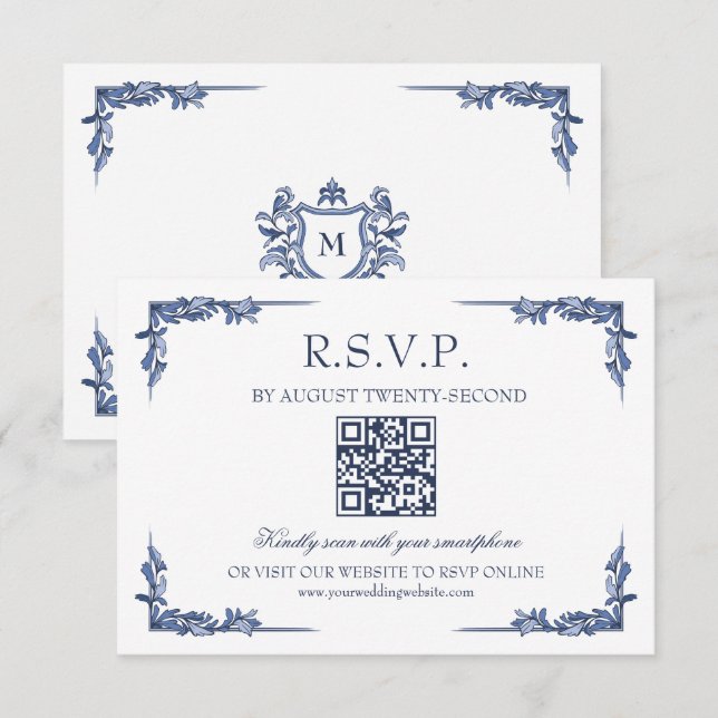 Tarjeta de respuesta Blue Vintage Crest Monogram R (Anverso / Reverso)