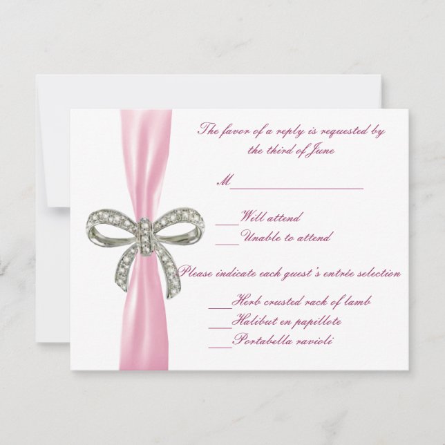 Tarjeta de respuesta Boda de Bow de Diamante Rosa (Anverso)