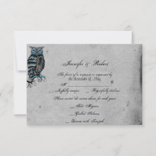 Tarjeta de respuesta Boda de búho gótico azul posh