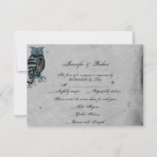 Tarjeta de respuesta Boda de búho gótico azul posh