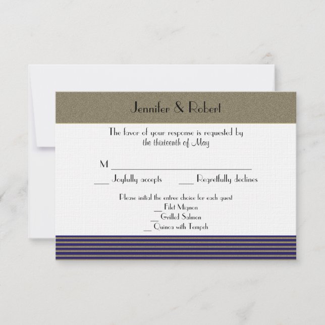 Tarjeta de respuesta Boda de Navy Art Deco Posh (Anverso)