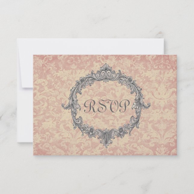 Tarjeta de respuesta Boda Ecru y Peach Damask RSVP (Anverso)