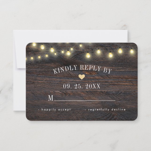 Tarjeta de respuesta Boda Rustic Wood String Light (Anverso)