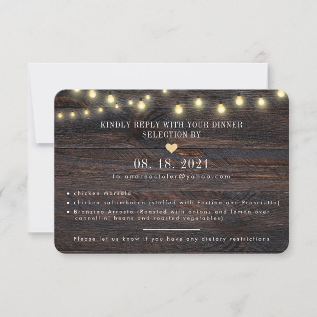Tarjeta de respuesta Boda Rustic Wood String Light (Anverso)