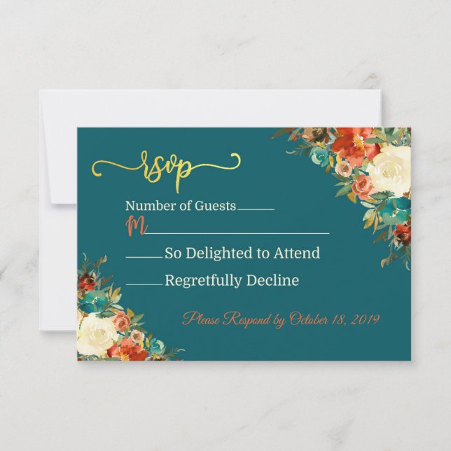 Tarjeta de respuesta boda - Verde azulado y Naranj (Anverso)